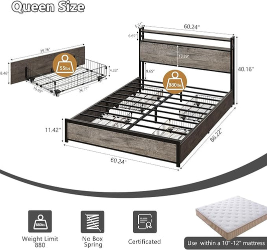 VINGLI LED Queen Bed Frame with 4 Storage Drawers and Adjustable Headboard Shelf, Metal Platform Panel Bed with Charging Station for Kids Teens, Adults, No Box Spring Needed, Wash Gray
