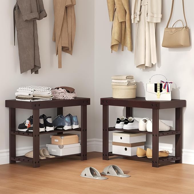 DUMOS Wooden Shoe Rack Bench with Storage, 3-Tier Bamboo Entryway Benches, Shoe Rack Holds Up to 286 lb Storage Organizer, 11.3 x 19.7 x 17.8 Inches, Suitable for Bedroom Living Room Balcony, Brown