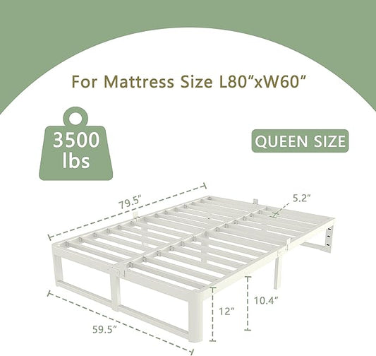 VYM 12 Inch Queen Bed Frame No Box Spring Needed, Platform Bed Frame with Metal Gaskets, Heavy Duty Steel Slat Support 3500 LBS, Anti-Slip Mattress Stopper, Round Corner Leg, Easy Assembly, White