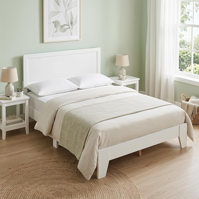 KOMFOTT Full Size Bed Frame, Modern Platform Bed with Headboard, Wooden Slat Support Mattress Foundation, Under-Bed Storage Space, No Box Spring Needed (White,Full)