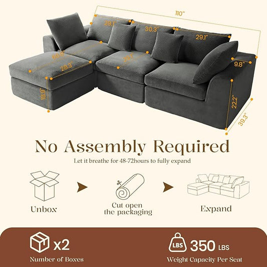 Benazcap 110" Cloud Sectional Couches for Living Room, L-Shaped Convertible Sofa, 3-Seat Modular Boneless Couch with Movable Ottoman, Dark Grey