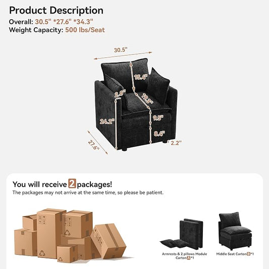 30" Cloud Modular Single Sofa Chair with Storage, Modern Upholstered Accent Chair Deep Seat, Chenille Reading Lounge Armchair for Living Room, Bedroom, Small Space, Black