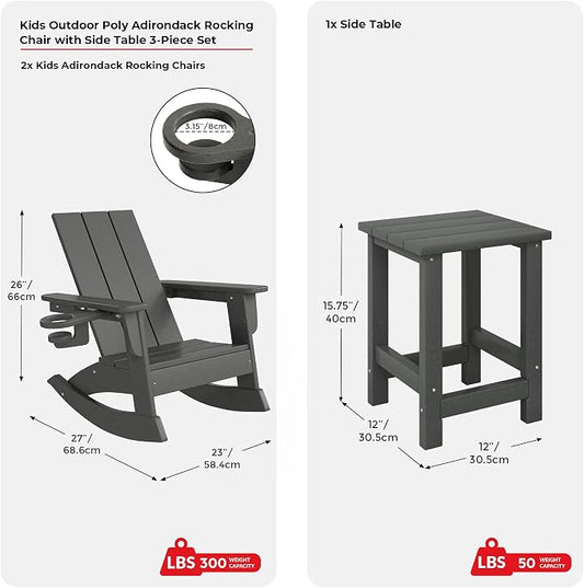 Costaelm Palms 3-Piece Kids Table and Chairs Set with Modern Toddler Rocking Chairs and Cup Holders, Gray