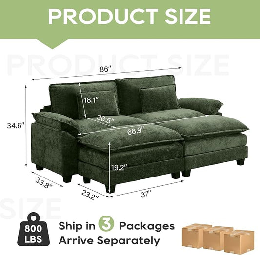Oprisen 86" Modular Sectional Sofa, Comfy Cloud Couch Sectional Sofa with Ottoman, Chenille Sofa Sleeper Deep Seat Sofa with Throw Pillows for Living Room (Green)