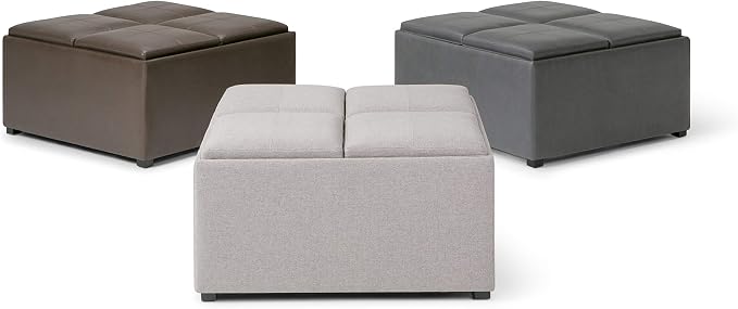 SIMPLIHOME Avalon 35 inch Wide Contemporary Square Coffee Table Storage Ottoman in Chocolate Brown Vegan Faux Leather, Assembled, For the Living Room and Bedroom