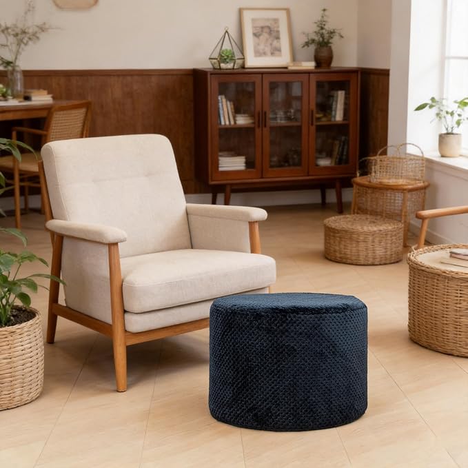 Poofieotto 20"x14" Round Foam Stuffed Pouf Ottoman - Modern Floor Foot Rest & Seating for Living Room, Bedroom, or Couch - Stylish Home Decor Accent (Navy)