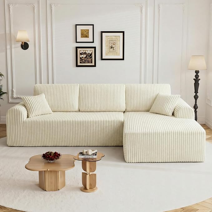 110" L Shaped Boneless Sectional Couches for Living Room, Comfy Corduroy Floor Cloud Sofa with Chaise, Wide Armrest, Deep Seat, Memory Foam, Assembly Free, Ideal for Small Spaces, Beige