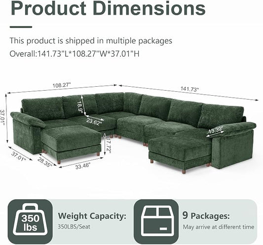 Oversized L Shaped Sectional Couch for Living Room, Extra Large Deep Seat Modular Sectional Sofa with Washable Covers, Modern Cloud Couch for Apartment, Bedroom (Green, U Shape 8 Seat)