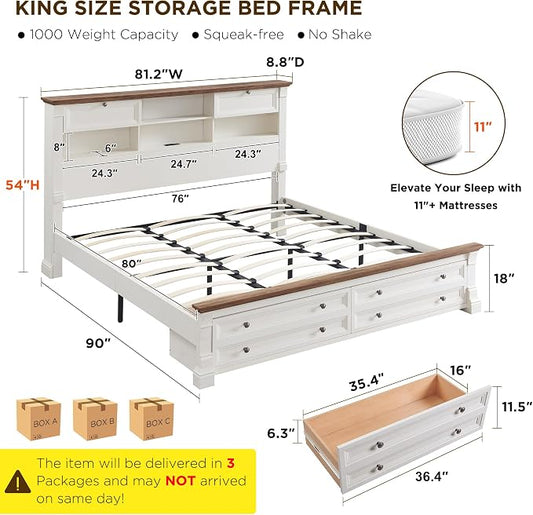 Farmhouse King Size Bed Frame with 54" Tall Storage Bookcase Headboard, Wood Platform Bed Frame with 2 Drawers & 18" Tall Roman Column Decoration Footboard, No Box Spring Needed(Antique White)