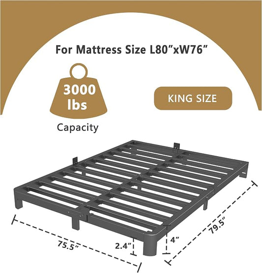 ITIMIDI 4 Inch King Size Bed Frame with Metal Gaskets, Platform Bed Frame No Box Spring Needed, Heavy Duty Steel Slat Support, Easy Assembly, Anti-Slip Mattress Stopper, Black