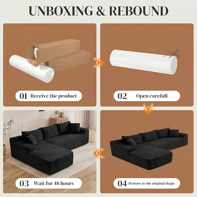 96" L Shaped Cloud Boneless Sectional Couches for Living Room, Modern Comfy Modular Deep Seat Memory Foam Compressed Corduroy Sofa Oversized Left Facing Chaise, No Assembly Required, Balck