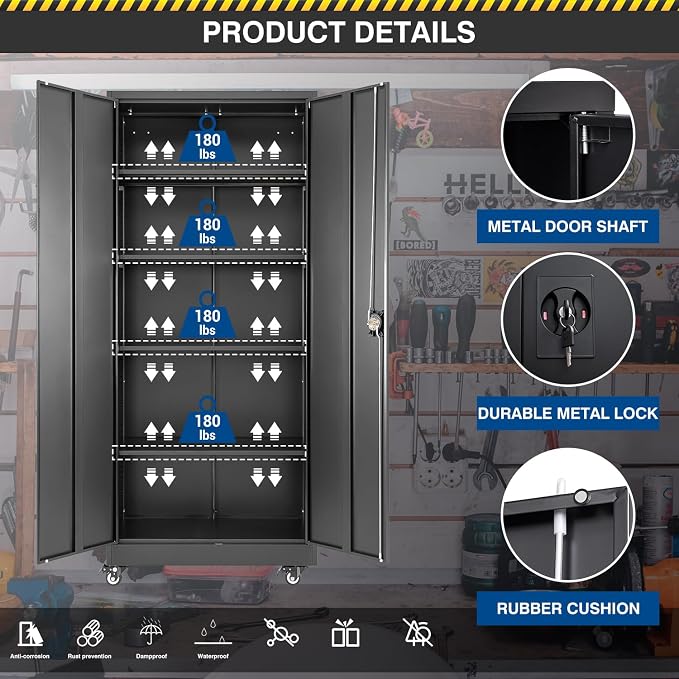 Fesbos Metal Rolling Storage Cabinet-74.6” Tall Steel File Cabinets with Wheels Lockable Doors and Adjustable Shelves-Black Steel Storage Cabinet for Home, School, Office, Garage