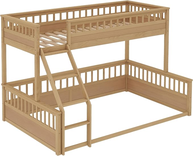 RUNNA Twin XL Over Queen Bunk Bed, Detachable, Ladder, Natural | Twin XL over queen bunk bed, detachable design, ladder, guardrails, solid wood frame, no box spring needed, rustic natural