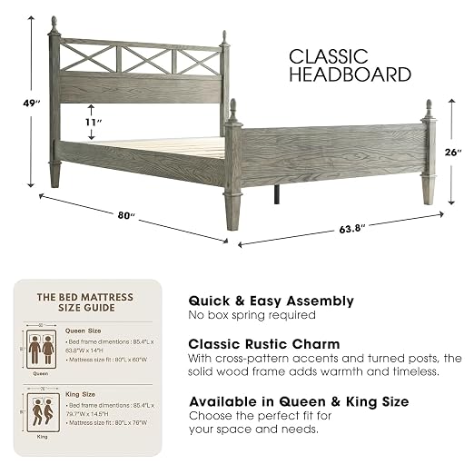 Queen Size Platform Bed Frame with Solid Wood Headboard & Footboard, Metal Legs, 12 Durable Slatted Base, No Box Spring Needed, Easy Assembly, Noise-Free & Anti-Slip, Weathered Gray Oak Finish RIQ-34