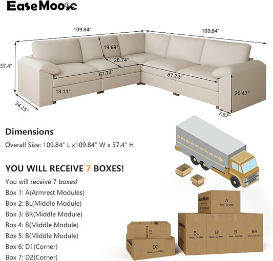 EASE MOOSE Oversized Modular Sectional Couch, Faux Leather Sectional Sofa with Deep Seat, Scratch Resistant Leather Couch Material, Extra Large L Shaped Couch, Beige