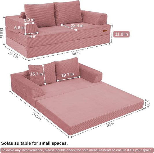 COMAX Futon Sofa Bed, Convertible Sofa Bed, Folding Boneless Couches | Boneless Couch for living room, 4‑in‑1 Fold Out Small Foldable Loveseat Floor Sleeper Mattress Lounge Space‑Saving, Pink