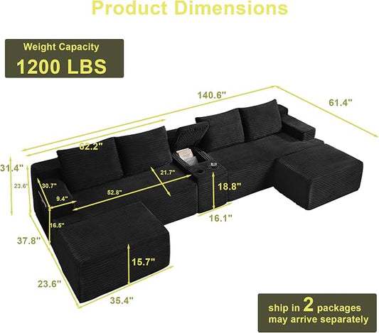 ivoros 140 Inch Modular Sectional Sofa Couch, Oversized Modern Cloud Couch for Living Room, U Shape Couches with 2 Ottomans and Cup Holders,Black Corduroy Boneless Sofas,Sofa in a Box