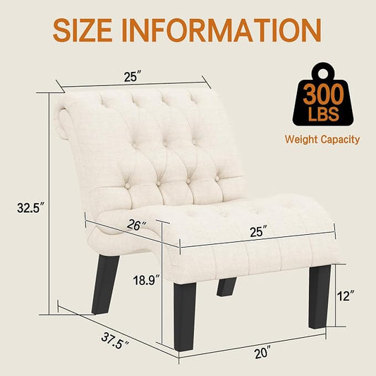 Mid Century Modern Accent Chair, Button Tufted Armless Lounge Chair, Upholstered Linen Side Chair with Solid Wood Legs for Bedroom, Living Room, Office