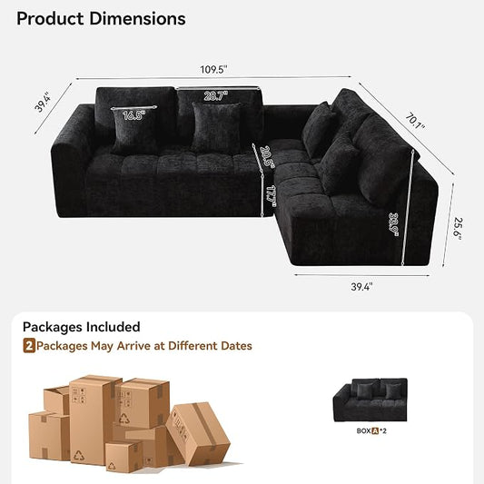 110''Modular Sectional Couches for Living Room, Cloud Boneless Compressed Sofa Right Facing Chaise, Oversized L Shaped 4 Seater Memory Foam Sofa, No Assembly, Chenille Black