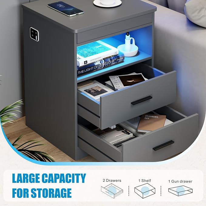 LED Night Stand with Gun Drawer, Bedside Table with Charger Station & Human Sensor Light, Modern End Table with Drawers for Bedroom Office, Grey