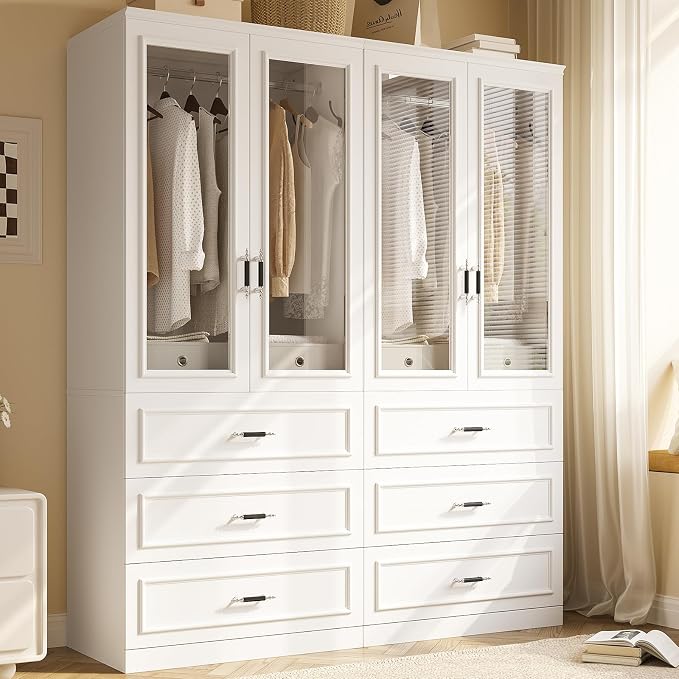 MEISSALIVVE Armoire Wardrobe Closet with 2 Door & 3 Drawers, 74.8" Large Wardrobe Cabinet with Hanging Rod, Freestanding Modern Bedroom Armoire Storage Cabinet, White