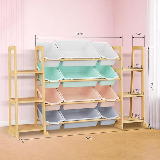 Kids Toy Storage Organizer with Bookshelf – Wooden Shelf with 12 Bins & 6 Shelves, Quick Assembly Storage Rack for Playroom, Bedroom, Nursery – Colorful
