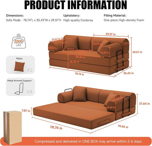 78.8" Boneless Memory Foam Couch, Corduroy Convertible Floor Sofa Bed, Fold-Out Sleeper Futon Loveseat, Wide Armrests & Supportive Back, 1200 lb, Couch in a Box, 2 Pillows, Orange