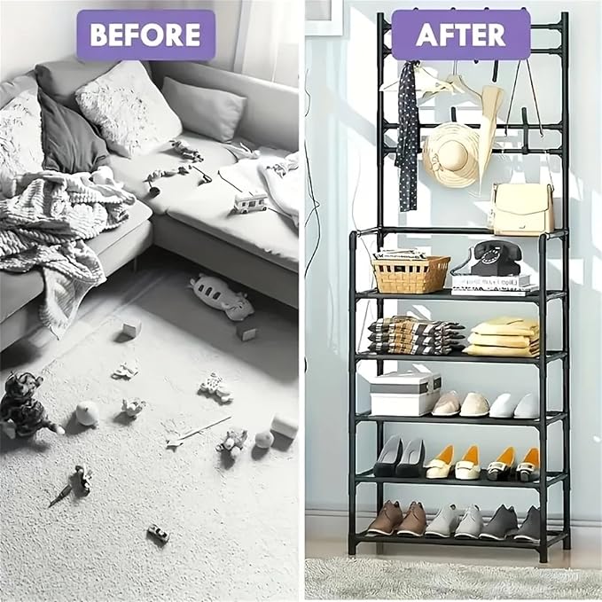 ikaufen 5-Tier Entryway Coat Rack Shoe Shelf, 2-in-1 Hall Tree with 8 Hooks, Thickened Plastic Storage Organizer for Shoes, Bags, Hats (Black/White) (Black)