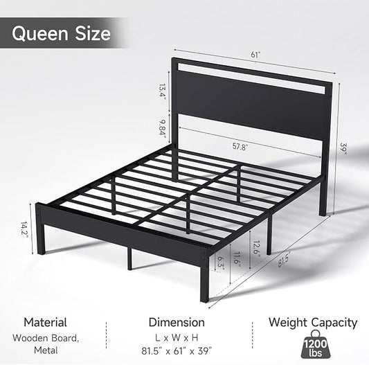 Z-hom Queen Bed Frame with Modern Wood Headboard & Footboard, Upgraded Heavy Duty Metal Sturdy Bed Frame Queen Size, Stable Platform Bed Furniture Bed Storage, No Noise, No Box Springs,Black