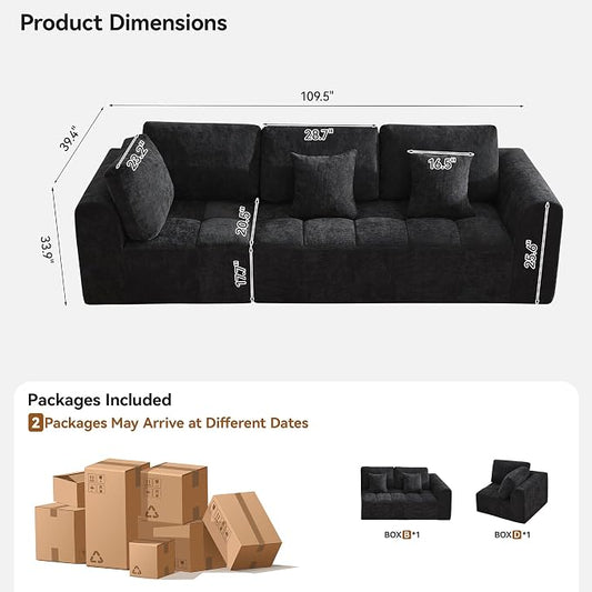 110''Modular Sectional Couches for Living Room, Cloud Boneless Compressed Sectional Sofa, Oversized 3 Seater Upholstered Memory Foam Sofa, No Assembly, Chenille Black