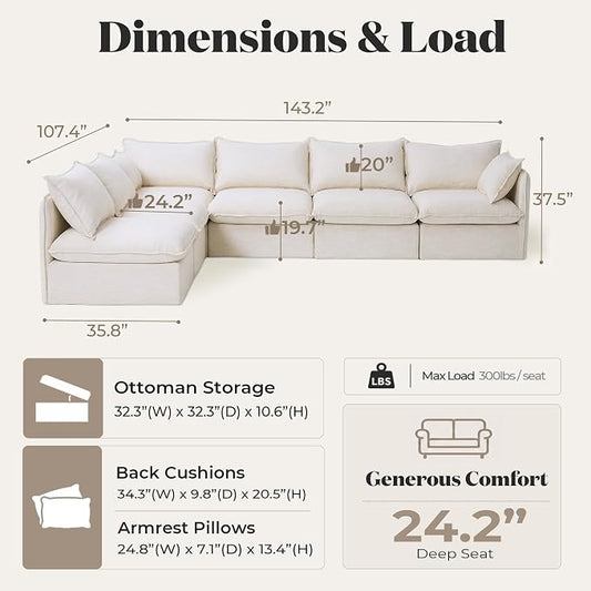 Cloud Modular Corner Sectional, Oversized Deep Seat Comfort, Linen Blend | Fully Removable Washable Covers, Memory Foam Seat Cushions, Premium Fabric