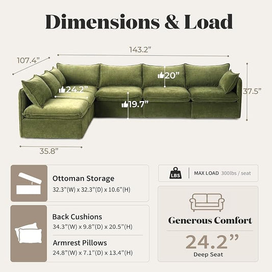 Cloud Modular Corner Sectional, Oversized Deep Seat Comfort, Luxe Chenille | Fully Removable Washable Covers, Memory Foam Seat Cushions, Premium Fabric