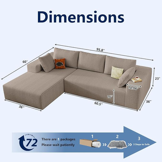 96" Modular Sectional Sofa, Modern Corduroy Cloud Couch with Deep Seat, Boneless Couch Upholstered 3-Seater L-Shaped Sofa for Living Room, No Assembly Required (Camel, Left-Facing Chaise)