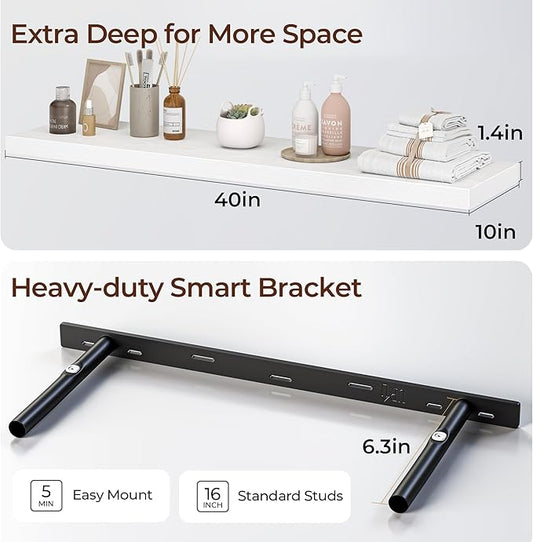 Fun Memories Floating Shelves for Wall 40 Inch Set of 3, Farmhouse Floating Shelves with Invisible Heavy Duty Bracket, 10 Inch Deep Bathroom Shelves for Storage, Living Room, Kitchen, Decor, White