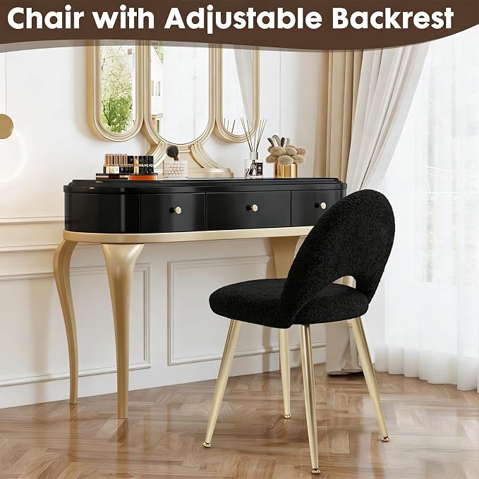 Vanity Chair with Adjustable Backrest, Boucle Upholstery Armless Makeup Stool, Black Sherpa Vanity Stool with Gold Metal Legs for Bedroom Living Room Kitchen Dinning Room (Gold and Black)