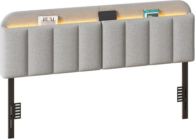 King Size Adjustable Headboard, Upholstered Headboard with Storage, APP Controlled LED Light, Padded Head Board Only, Sturdy Metal Foot Frame, Vertical Channel Design for Bedroom, Grey
