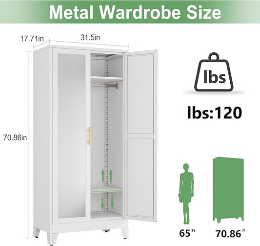 Ckzbx 71" H Metal Armoire Wardrobe Closet with Mirror, Adjustable Shelve, Clothes Drying Pole, Steel Wardrobe Cabinet for Bedroom (White)