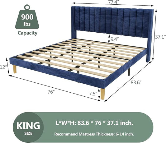 alazyhome Platform Bed Frame King Size with Upholstered Headboard, Solid Wood Slats Support, No Box Spring Needed, Noise Free, Easy Assembly, Modern Velvet Bed, Blue