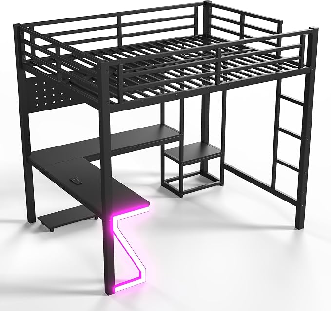 Bellemave Full Size Loft Bed with Desk and USB Ports, Computer Tray, Peg Board LED, Metal Full Loft Bed Frame for Adults, Kids, Teens, Black