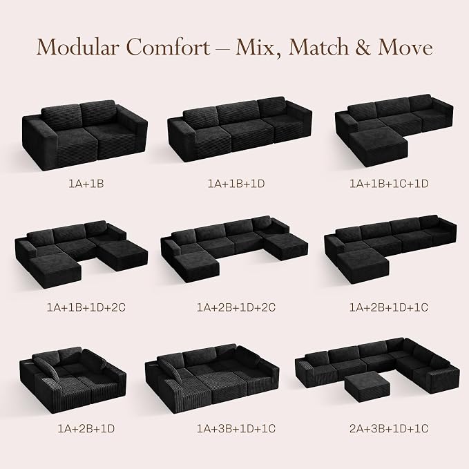 Vesgantti 119" L-Shaped Modular Sectional Sofa, Corduroy Cloud Couch with Deep Seating & Spring Support, Flexible Layout Sofa with Ottoman, Boneless Style, No Assembly Required, Black