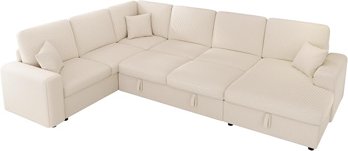 VanAcc 130" Sofa Bed, Sectional Sleeper Sofa with Pull Out Bed, Sleeper Couch with Storage, 6 Seater Couch for Living Room, Corduroy Off-White