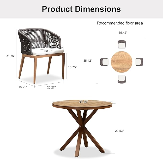 PURPLE LEAF 5 Pieces Patio Round Dining Set Aluminum Frame and Wicker Rattan Round Table and Arm Chairs with Cushions for Garden Porch Kitchen Modern Outdoor Teak