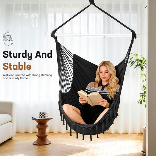 Hammock Chair Hanging Chair Heavy Duty 500 Lbs, Hanging Hammock Chair with Steel Spreader Bar & Adjustable Straps, Indoor Outdoor Hammock Swing for Bedroom Patio Porch Balcony Backyard Camping -Black