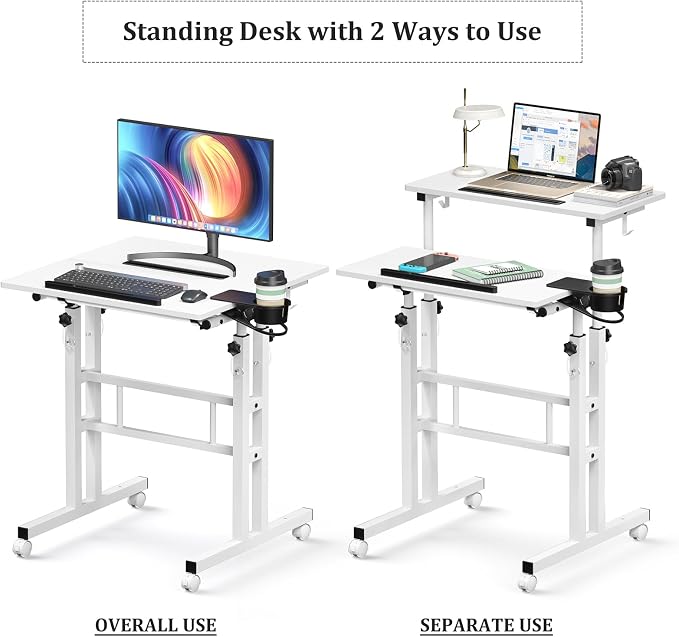 Enayplon Small Standing Desk with Wheels, Mobile Stand Up Desk, Portable Standing Table on Wheels for Walking Pad, Rolling Computer Desk Adjustable Height, Tall Table