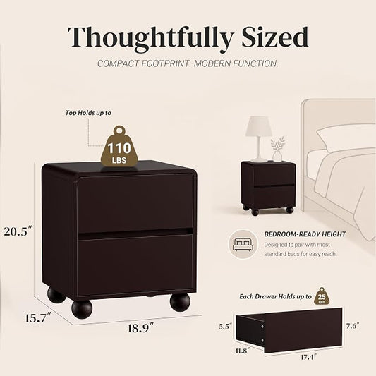 Furniway Brown Nightstand Set of 2, Modern 2 Drawer Bedside Table with Curved Profile Design and Handle-Free Drawers, Modern End Table with Storage for Bedroom
