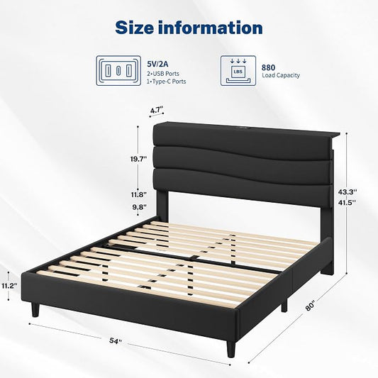 EnHomee Full Size Bed Frame with Adjustable Height Upholstered Headboard, 3 USB Charging Ports, Noise-Free Platform Bed, No Box Spring Needed,Black