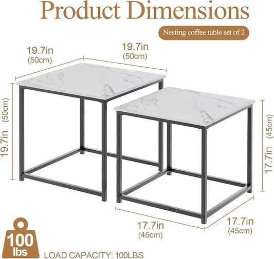 Garden 4 you Coffee Table Set of 2, Modern Faux Marble Nesting Table, Metal Frame Square Center Table Set, Side Tables, Nesting Coffee Table for Living Room, Bedroom and Small Spaces, 19.7in Black