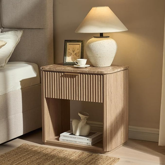 Fluted Nightstand Set of 2, 23" W Night Stand with Drawer, Wood Bed Side Table with Faux Marble-Top, Curved Corner, Metal Handle, Modern Bedside Table for Bedroom, Living Room, Office, Natural Oak