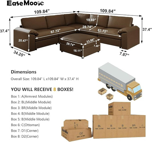 EASE MOOSE Oversized Modular Sectional Couch with Ottoman, Vintage Faux Leather Sectional Sofa with Deep Seat, Scratch Resistant Faux Leather Material, Extra Large L Shaped Couch,Deep Brown