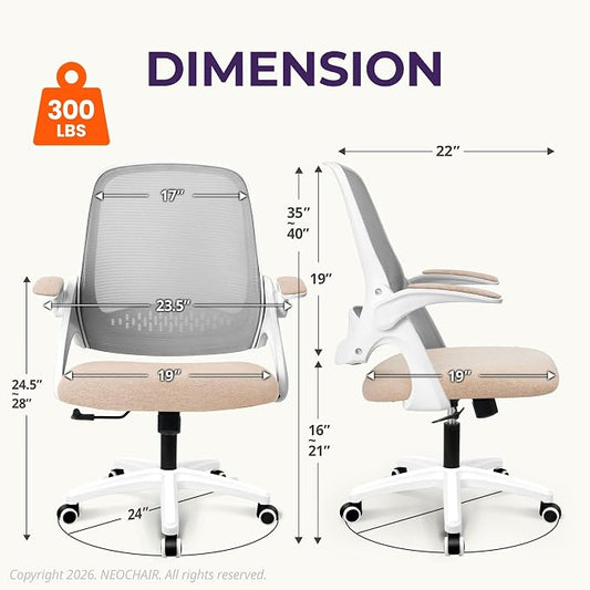NEO CHAIR Office Desk Gaming Ergonomic Computer Chair with Lumbar Back Support Adjustable Height Swivel Rolling Wheels Flip-up Arms Mesh Chair for Home Vanity (Beige)